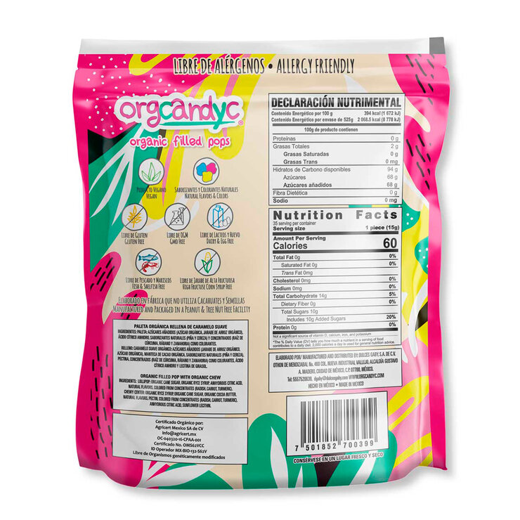 Orgcandyc Paletas Orgánicas Rellenas de Caramelo Suave Cereza y Piña 35 pzas de 15 g — Imagen 2 de 3