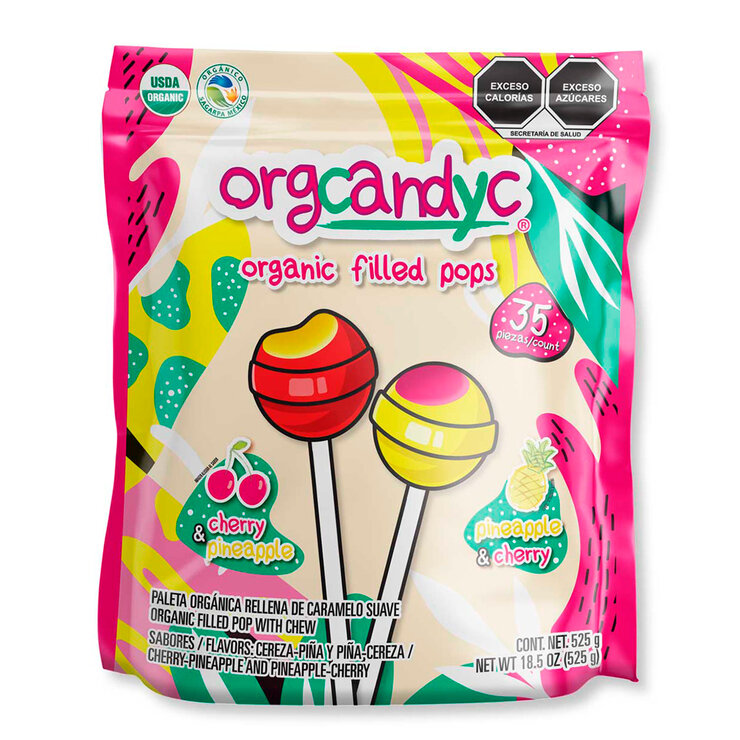 Orgcandyc Paletas Orgánicas Rellenas de Caramelo Suave Cereza y Piña 35 pzas de 15 g — Imagen 1 de 3