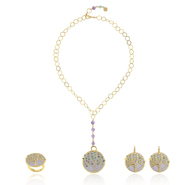 Ablime, Juego de Aretes, Anillo y Corbatín de Árbol de la Vida en Baño de Oro — Imagen 1 de 4