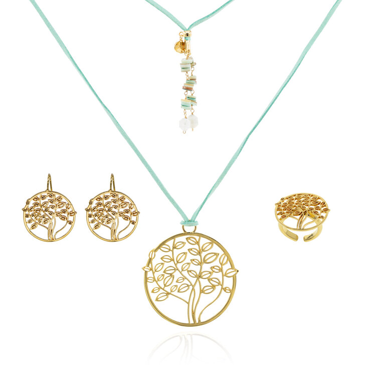 Ablime, Juego de Collar. Aretes y Anillo con Diseño de Árbol de la Vida en Baño de Oro