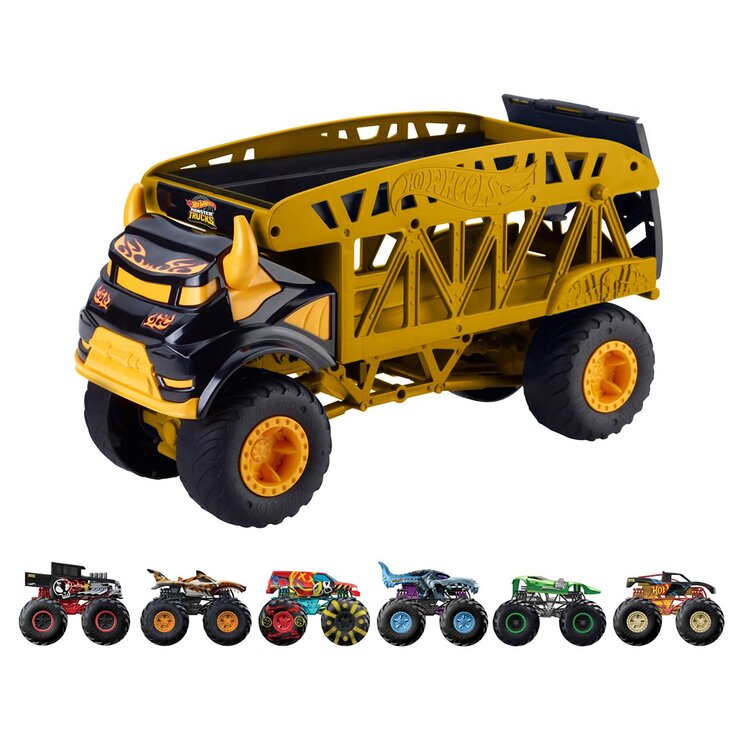 Hot Wheels Monster Vehículo Transportador con 6 Vehículos Monster Trucks a Escala — Imagen 2 de 4