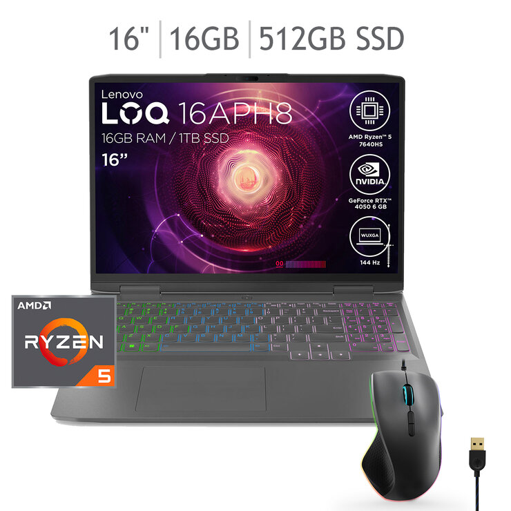 Lenovo LOQ Laptop Gaming 16" Full HD AMD Ryzen 5 16GB 512GB SSD + Mouse — Imagen 1 de 4