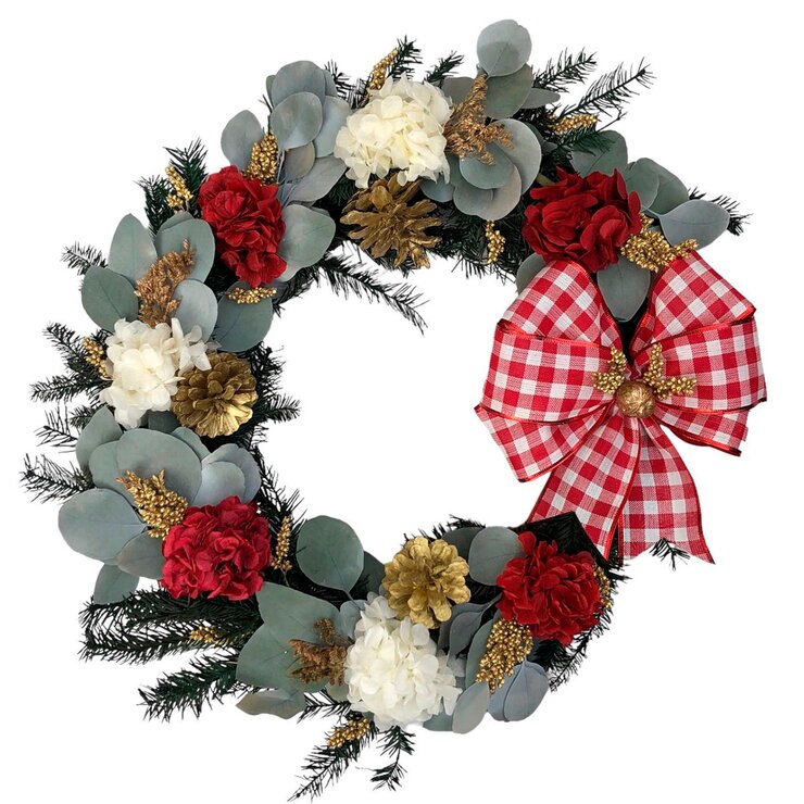Mina'an, Corona Navideña De Flores y Follajes Naturales Preservados con Moño Cuadros Rojo y Blanco — Imagen 1 de 4