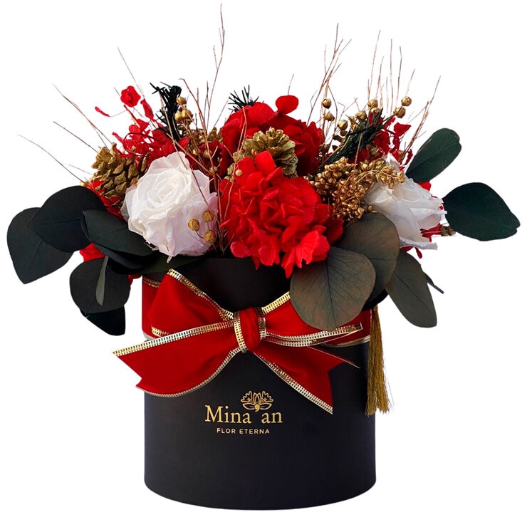 Mina'an, Bouquet Navideño Con Flores Preservadas En Tonos Rojo y Dorado — Imagen 1 de 4