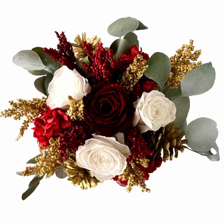 Mina'an, Bouquet Navideño Con Flores Preservadas En Tonos Vino y Dorado — Imagen 2 de 4