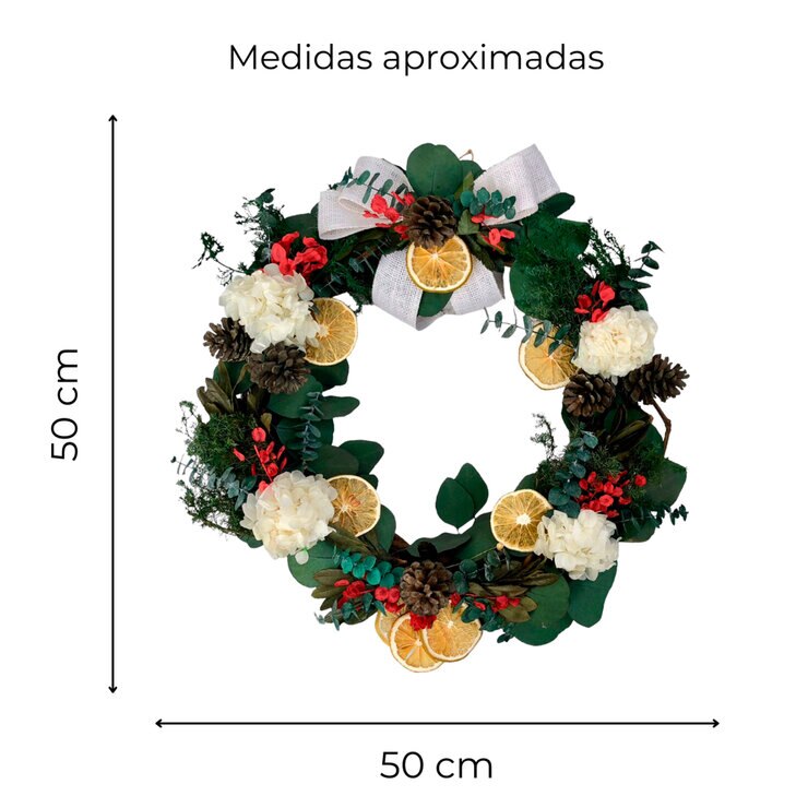 Mina'an, Corona Navideña De Flores y Follajes Naturales Preservados con Moño Blanco — Imagen 2 de 4