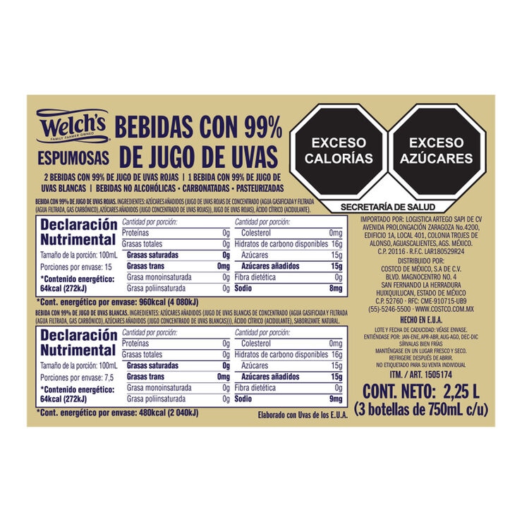 Welch´s Bebida Espumosa de Uva sin Alcohol 3 pzas de 750 ml — Imagen 2 de 4