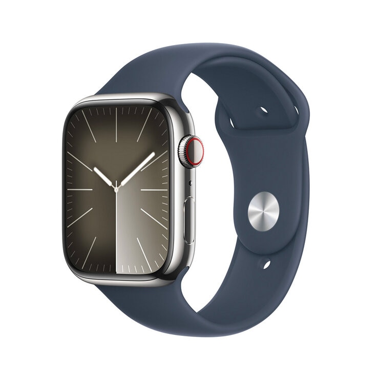 Apple Watch S9 (GPS+Cellular) Caja de acero inoxidable plata 45mm con correa deportiva azul tempestad — Imagen 1 de 4
