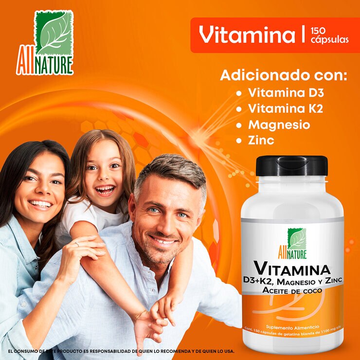 All Nature Vitamina D3+k2  Magnesio Zinc y Aceite de Coco 150 cápsulas — Imagen 2 de 4