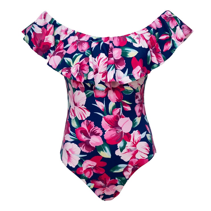 Alas de Sal, Traje de Baño Completo con Olán Estampado de Flores Rosas, para Dama — Imagen 1 de 3