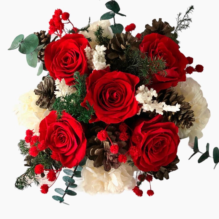 Mina'an, Bouquet Navideño Con Flores Preservadas En Tonos Rojo y Blanco — Imagen 2 de 4