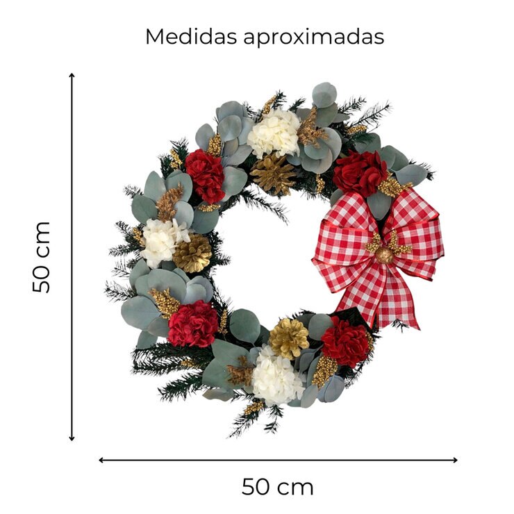 Mina'an, Corona Navideña De Flores y Follajes Naturales Preservados con Moño Cuadros Rojo y Blanco — Imagen 3 de 4