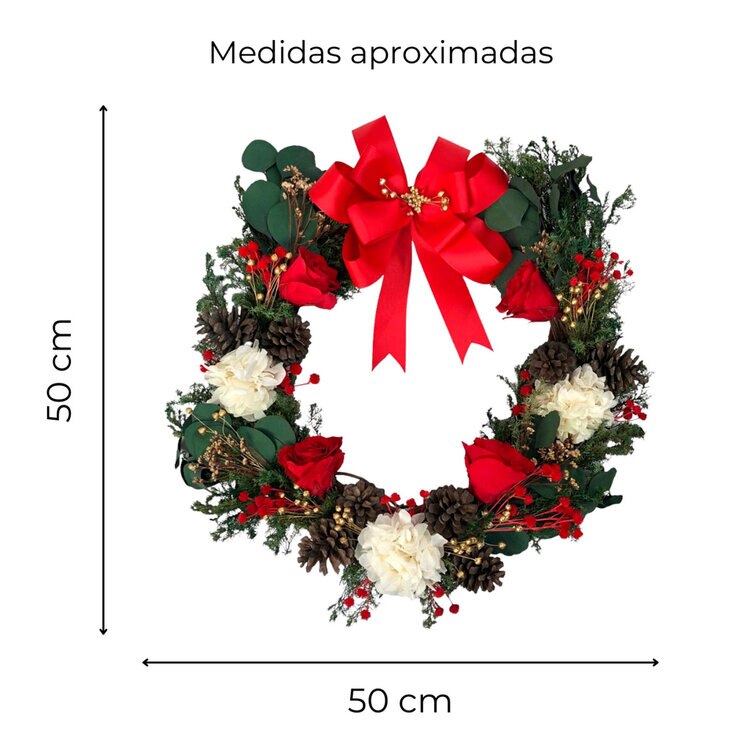 Mina'an, Corona Navideña De Flores y Follajes Naturales Preservados con Moño Rojo — Imagen 4 de 4