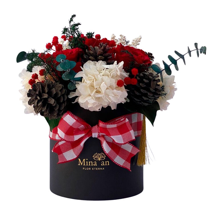 Mina'an, Bouquet Navideño Con Flores Preservadas En Tonos Rojo y Blanco — Imagen 1 de 4