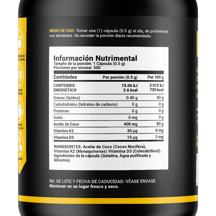 B Life Aceite de Coco, Vitamina D3 y K2 Frasco con 300 Cápsulas de Gel  — Imagen 2 de 4
