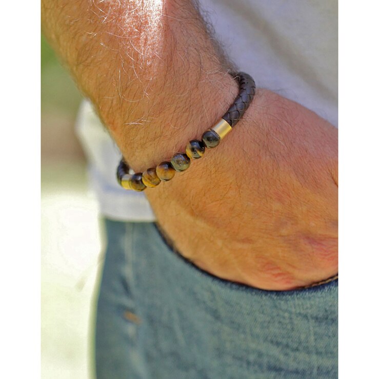 Pulsera de Piel Café con Piedras de Ojo de Tigre para Caballero — Imagen 2 de 2