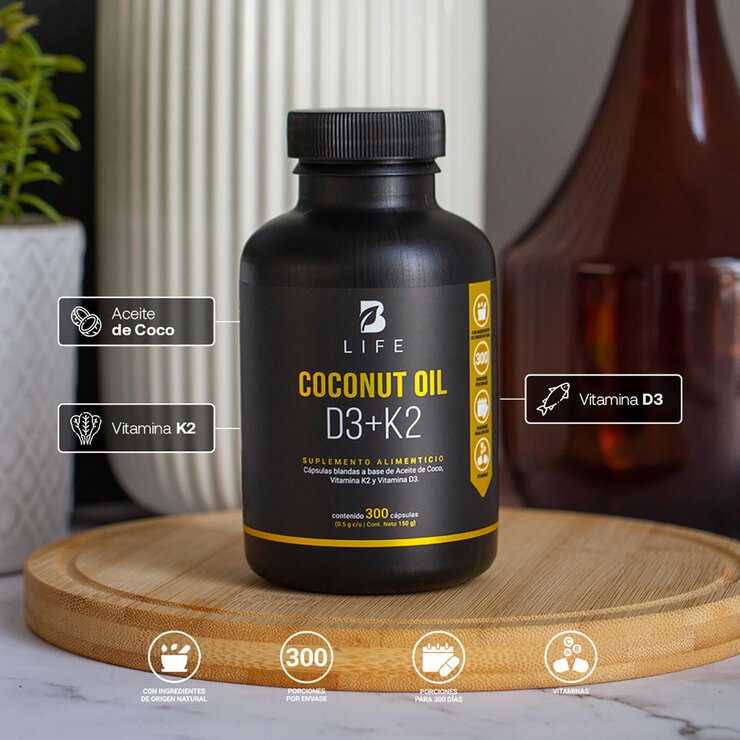 B Life Aceite de Coco, Vitamina D3 y K2 Frasco con 300 Cápsulas de Gel  — Imagen 4 de 4