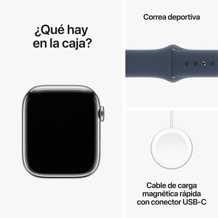 Apple Watch S9 (GPS+Cellular) Caja de acero inoxidable plata 45mm con correa deportiva azul tempestad — Imagen 2 de 4