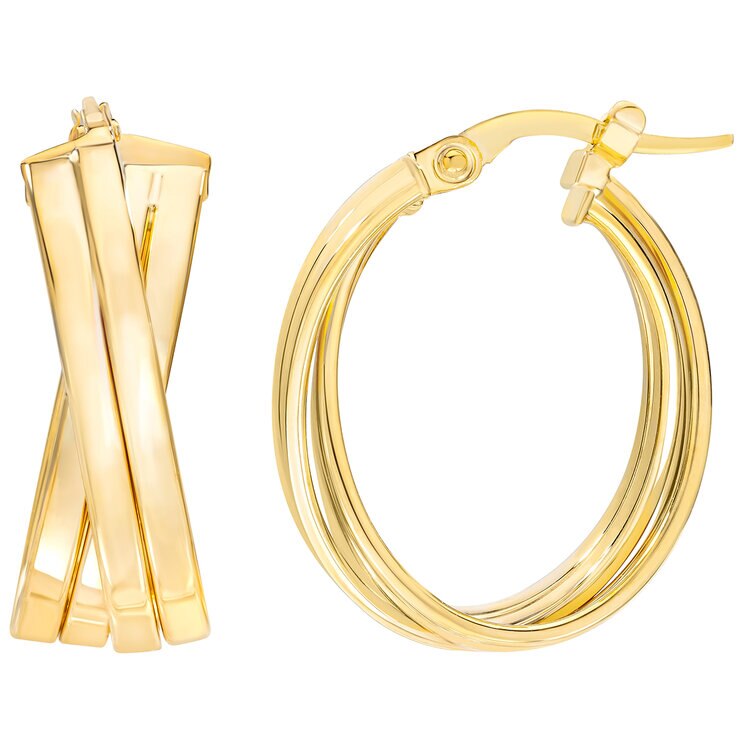 Aretes de Aro Cruzados de Doble Hilera, de Oro Amarillo 14K — Imagen 2 de 4