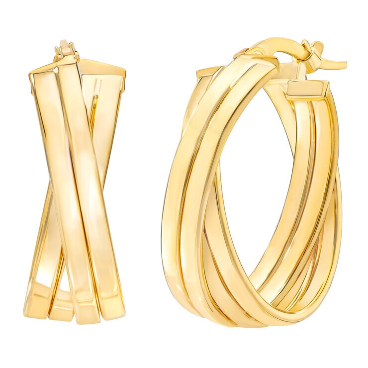 Aretes de Aro Cruzados de Doble Hilera, de Oro Amarillo 14K — Imagen 1 de 4